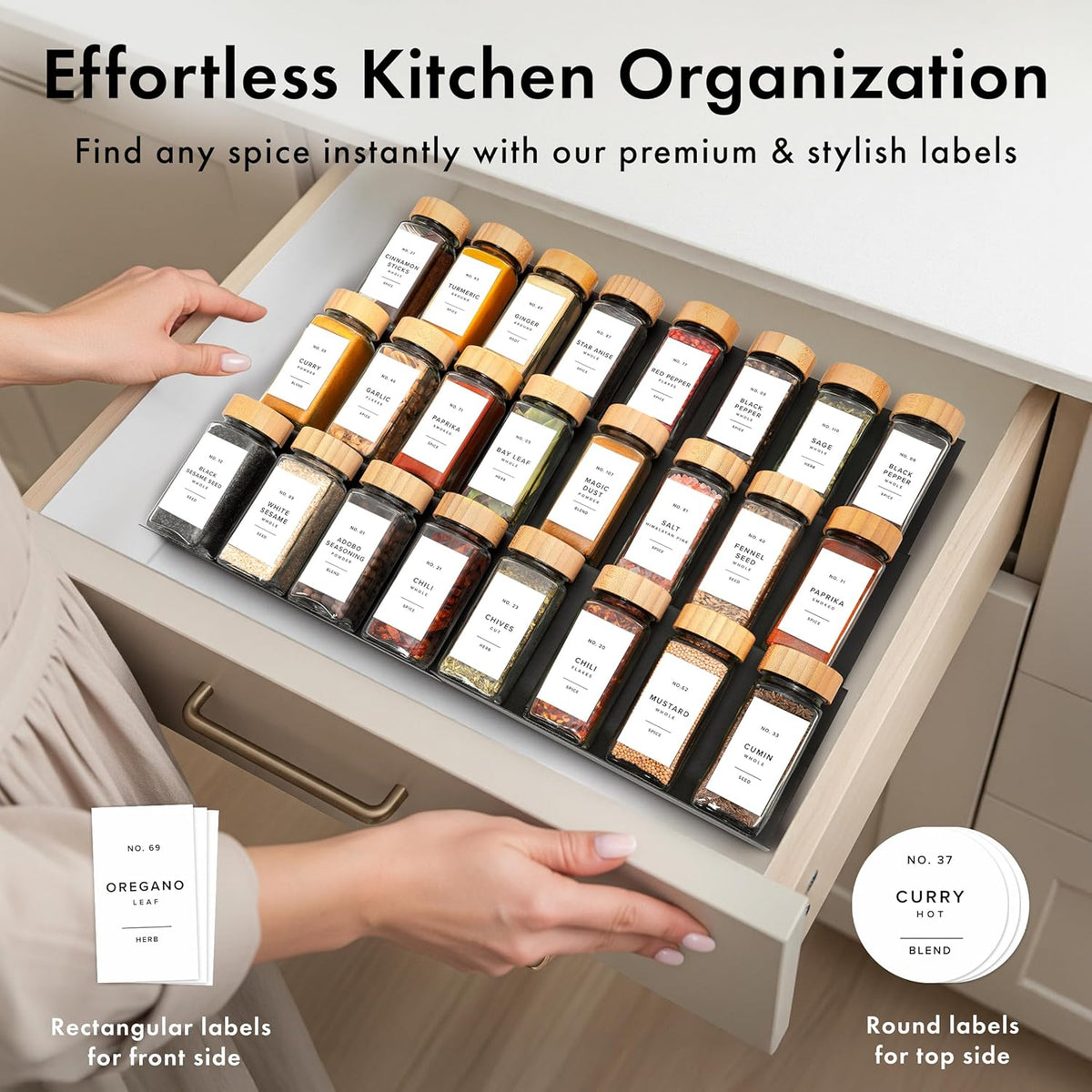 EDELHAUS Glass Spice Jars with Label, 36x Bamboo Wooden Lids - White Labels