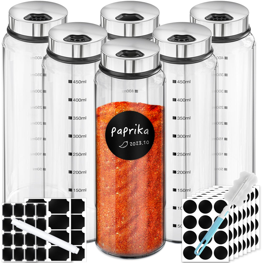 Segarty Spice Jars, 3 Pack 3 oz Spice Bottles with Shaker Lids, Glass Empty Seasoning Containers with Adjustable Pour Holes for Kitchen Spice Storage Stainless Steel Flow Top Salt and Pepper Shakers