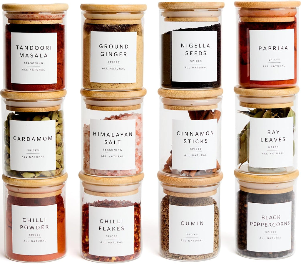 Glass Spice Jars with Labels-12 Pack- 6.8oz- 360 Labels- Spice Containers with Bamboo Lids -Spices Organization for Cabinet-Drawer-Rack-Seasoning containers-herbs- Organizer-Spices Bottles