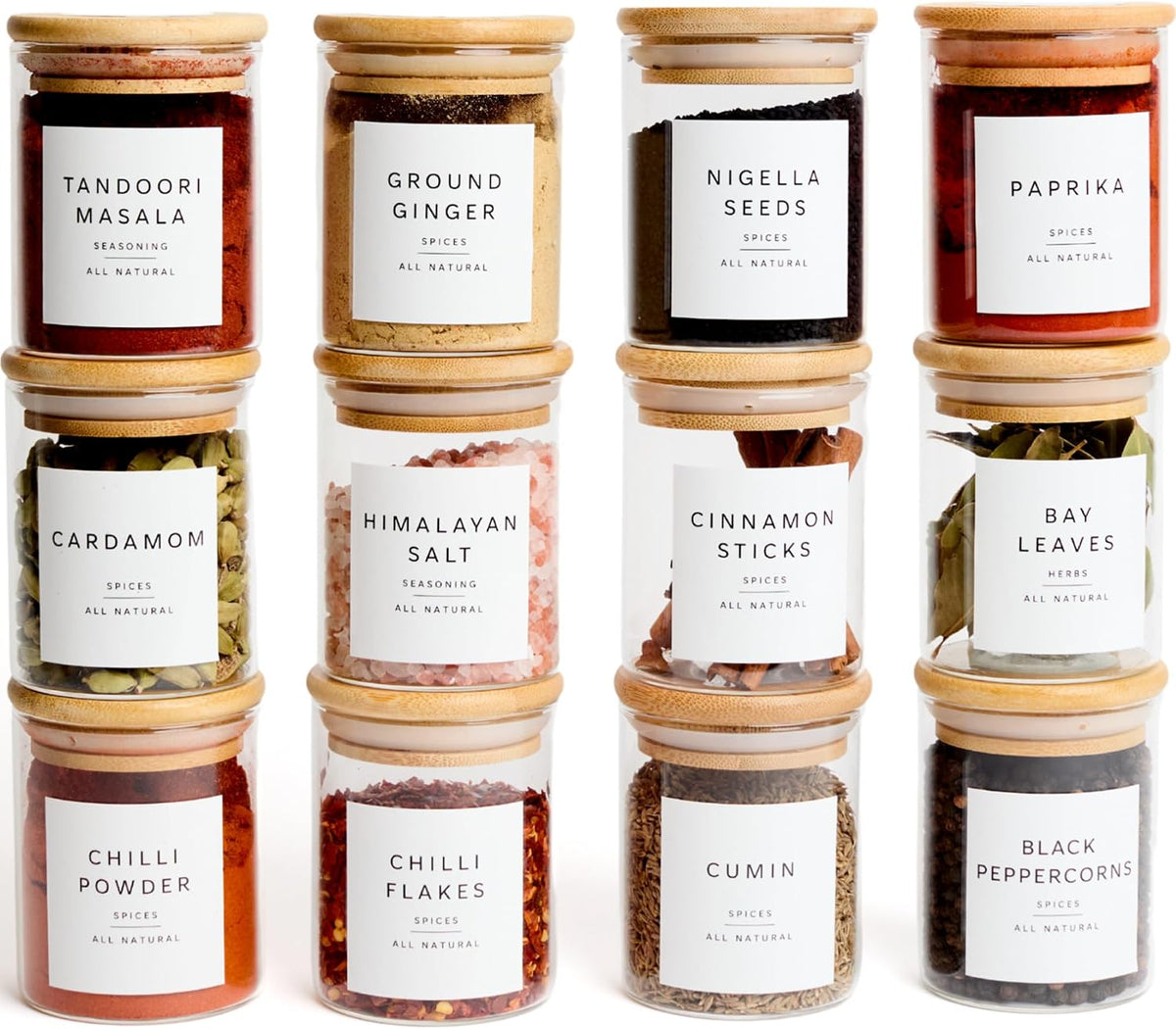 Glass Spice Jars with Labels-12 Pack- 6.8oz- 360 Labels- Spice Containers with Bamboo Lids -Spices Organization for Cabinet-Drawer-Rack-Seasoning containers-herbs- Organizer-Spices Bottles