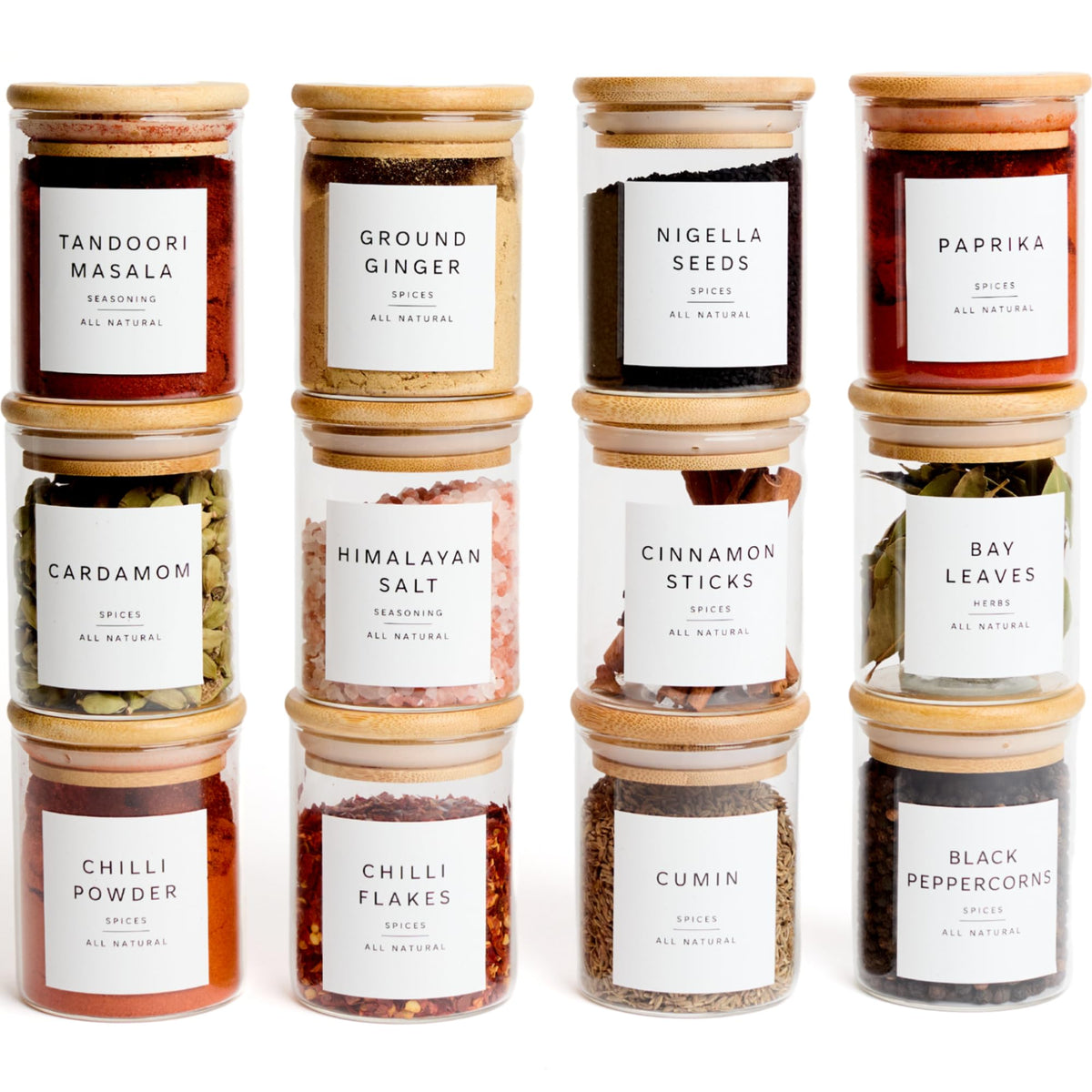 Glass Spice Jars with Labels-12 Pack- 6.8oz- 360 Labels- Spice Containers with Bamboo Lids -Spices Organization for Cabinet-Drawer-Rack-Seasoning containers-herbs- Organizer-Spices Bottles