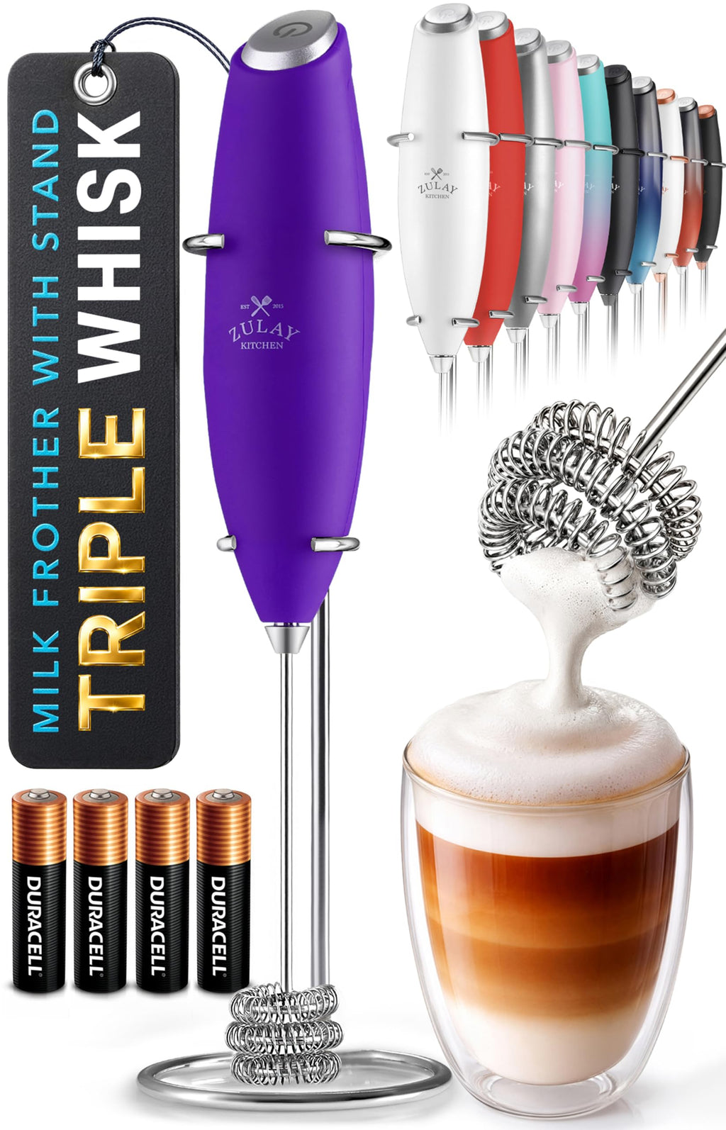 Zulay Kitchen Rechargeable Milk Frother Handheld - Frother Wand, Drink Mixer, Electric Whisk Frother, for Cappuccinos, Matcha & Protein Powder - Dynamic 3 Whisk, 3 Speed 500mAh Black