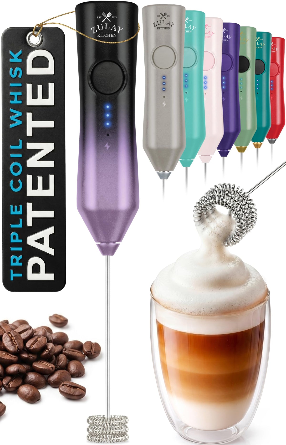 Zulay Kitchen Milk Frother Handheld Electric Whisk – Frother Wand, Durable Drink Mixer, Coffee Frother, Hand Blender, Frother for Protein Powder, Matcha & More - Black