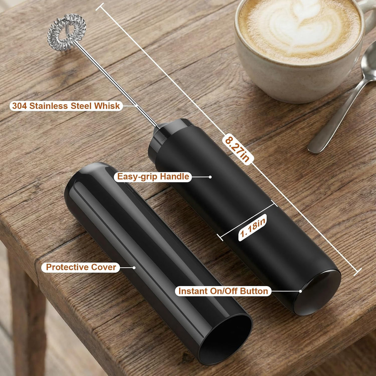 Rechargeable Milk Frother Handheld Electric Coffee Drink Mixer Wand with Stainless Steel Whisk and Portable Case for Cappuccino, Latte, Matcha, Hot Chocolate Black