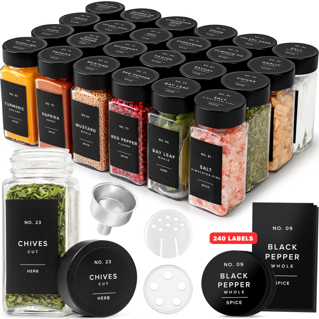 EDELHAUS Glass Spice Jars with Labels, 24x Matte Black Lids - 4oz Set