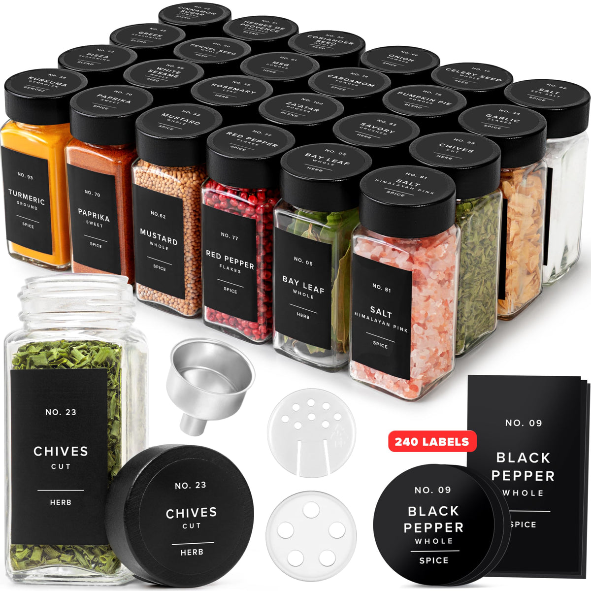 EDELHAUS Glass Spice Jars with Labels, 24x Matte Black Lids - 4oz Set