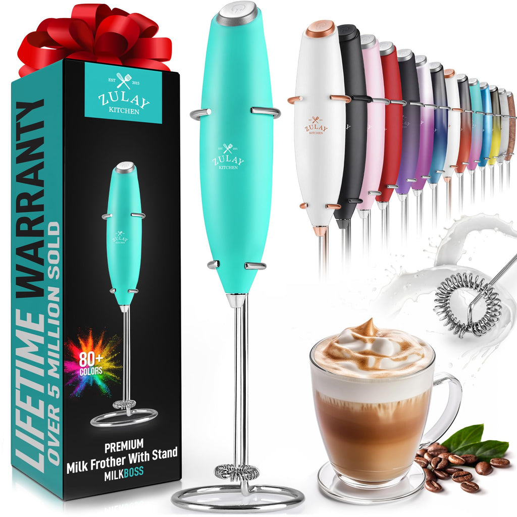 Zulay Kitchen Milk Frother Handheld - Mini Frother Wand, Milk Mixer, Drink Whisk for Coffee, Matcha Essentials & More, Stick Frother for Protein Shakes, Froster Mixer - AA Batteries Included - Black