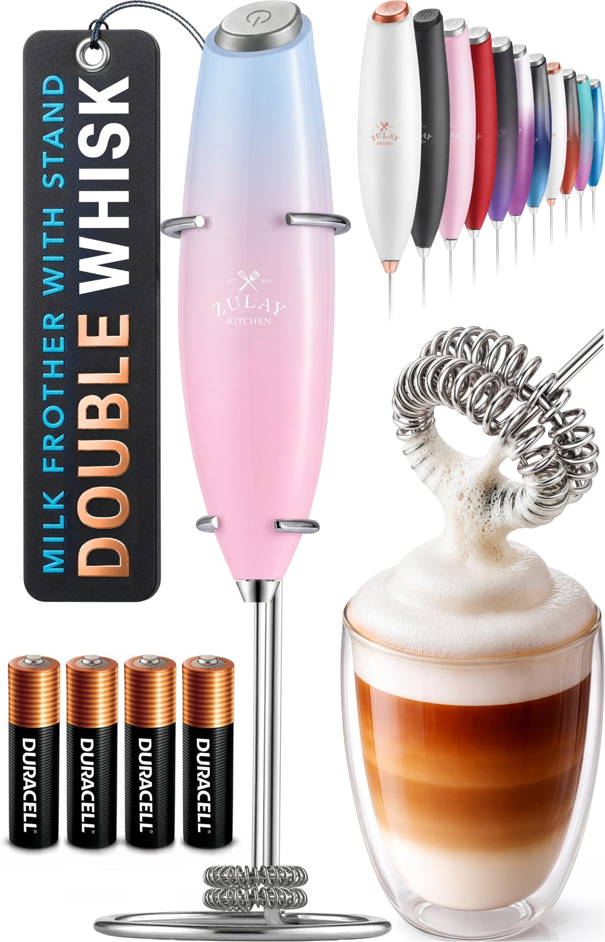 Zulay Kitchen Powerful Milk Frother Wand With Duracell Batteries - Ultra Fast Handheld Drink Mixer - Electric Whisk Foam Maker for Coffee, Lattes, Cappuccino & Matcha - Triple Whisk - Black
