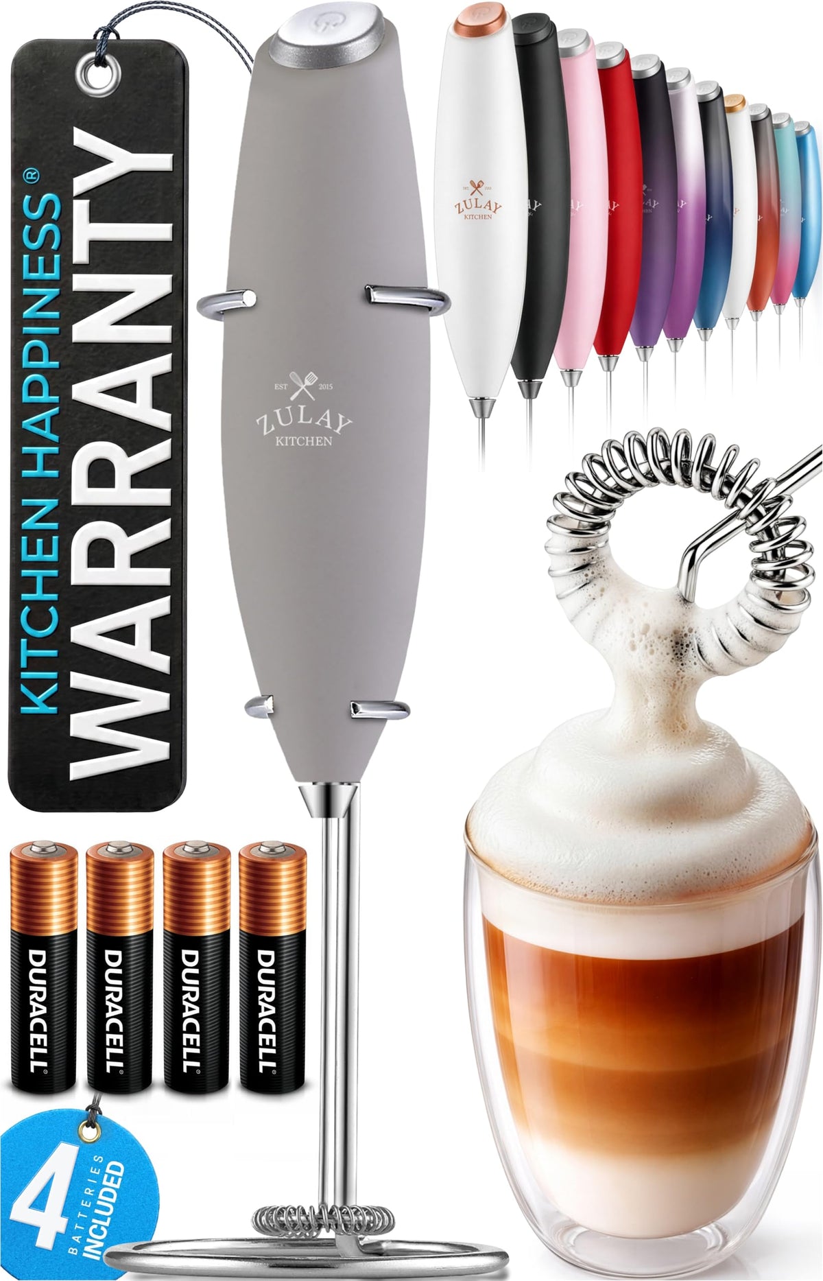 Zulay Kitchen Powerful Milk Frother Wand With Duracell Batteries - Ultra Fast Handheld Drink Mixer - Electric Whisk Foam Maker for Coffee, Lattes, Cappuccino & Matcha - Z1 Motor - Black