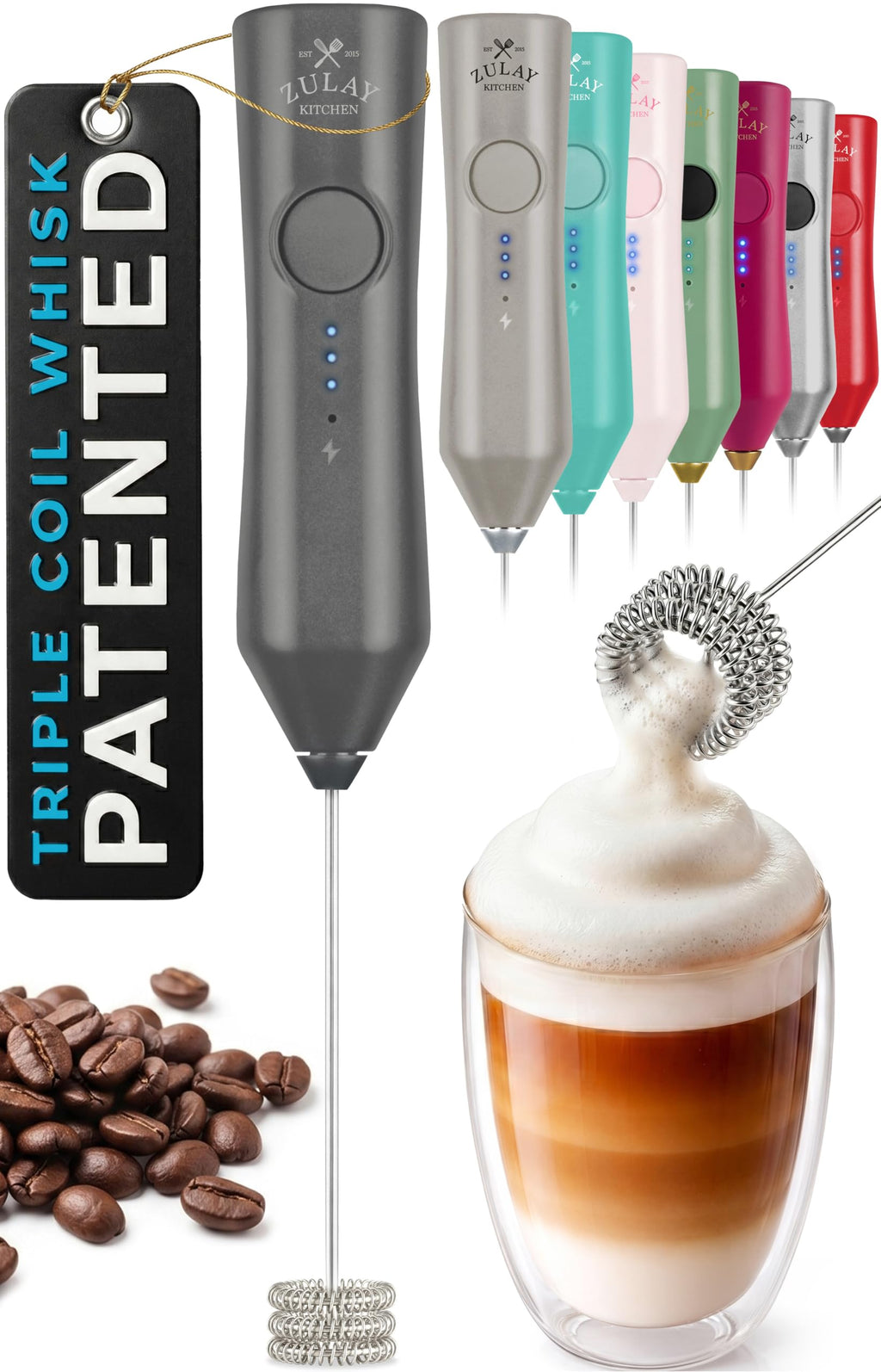 Zulay Kitchen Powerful Milk Frother Wand With Duracell Batteries - Ultra Fast Handheld Drink Mixer - Electric Whisk Foam Maker for Coffee, Lattes, Cappuccino & Matcha - Z1 Motor - Black