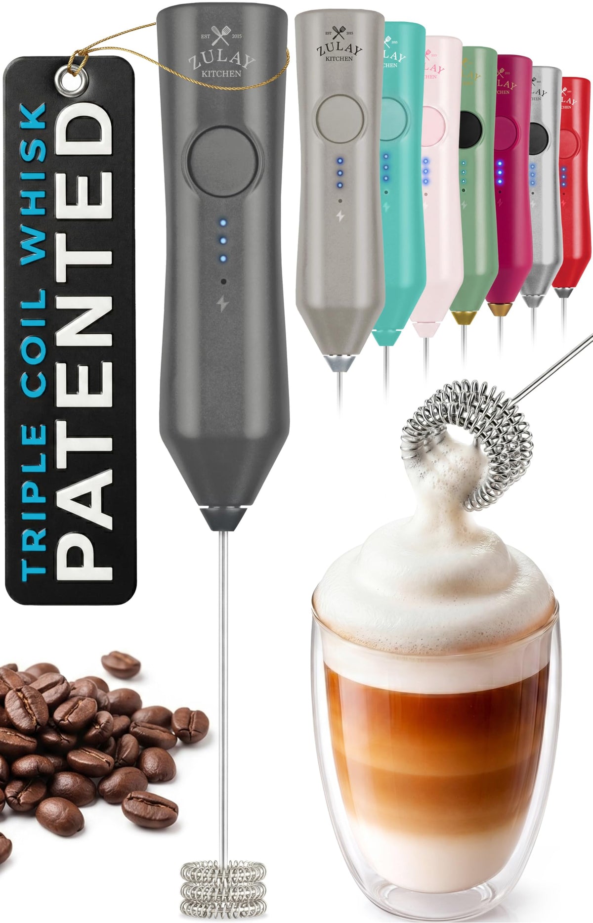 Zulay Kitchen Powerful Milk Frother Wand With Duracell Batteries - Ultra Fast Handheld Drink Mixer - Electric Whisk Foam Maker for Coffee, Lattes, Cappuccino & Matcha - Z1 Motor - Black