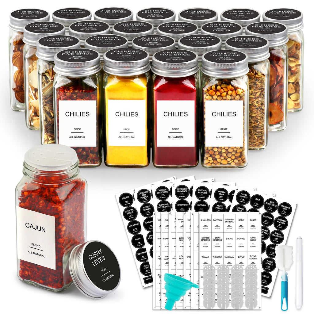 AISIPRIN Spice Jars with Lable, Glass Salt and Pepper Shakers Set, 24 Pcs Spice Botter with Shaker Lids, Ktchen Essentials Seasoning Organizer Containers, Included 398 Lables,Funnel, Brush, Marker