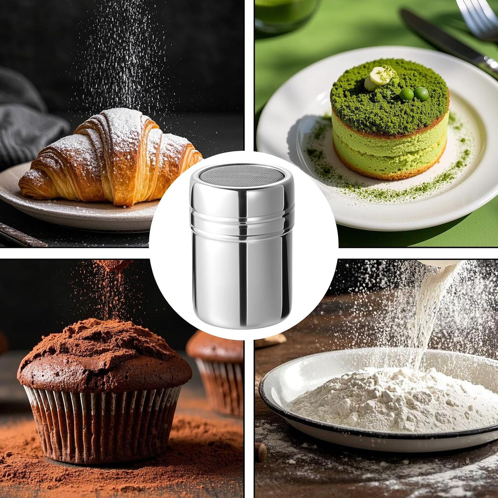 HANSGO Powdered Sugar Shaker Duster, 2PCS Stainless Steel Cinnamon Shaker for Coffee Bar, Fine Mesh Dredge, Salt and Pepper Shakers for Soda, Cocoa, Cornstarch, Seasoning, 6 Ounce, with Lid
