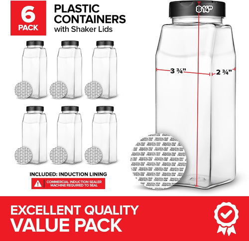 6 Pack 32 oz Plastic Spice Jars, Empty Seasoning Containers for Homemade Rub, Spices, Glitter, and More, Small Spice Containers with Black Shaker Lids and Heat-Induction Liner, Clear Spice Jars