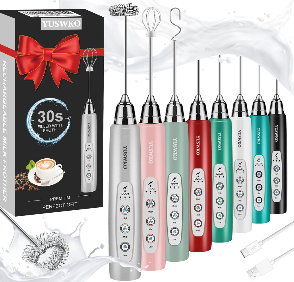 YUSWKO Handheld Milk Frother Wand for Coffee, Rechargeable Electric Whisk