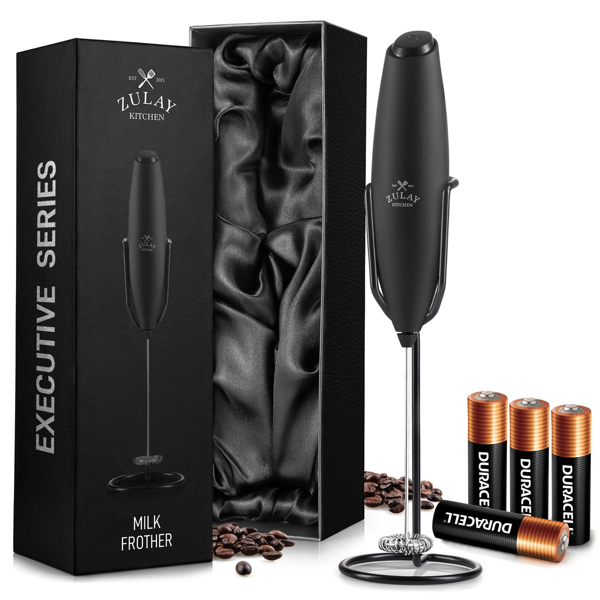 Zulay Kitchen Powerful Milk Frother Wand With Duracell Batteries - Ultra Fast Handheld Drink Mixer - Electric Whisk Foam Maker for Coffee, Lattes, Cappuccino & Matcha - Z1 Motor - Black