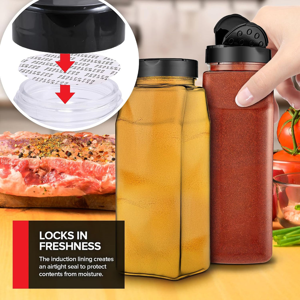 6 Pack 32 oz Plastic Spice Jars, Empty Seasoning Containers for Homemade Rub, Spices, Glitter, and More, Small Spice Containers with Black Shaker Lids and Heat-Induction Liner, Clear Spice Jars