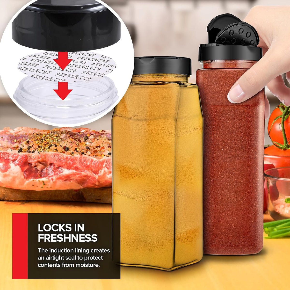 6 Pack 32 oz Plastic Spice Jars, Empty Seasoning Containers for Homemade Rub, Spices, Glitter, and More, Small Spice Containers with Black Shaker Lids and Heat-Induction Liner, Clear Spice Jars