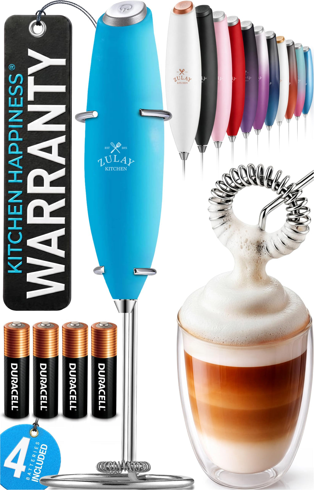 Zulay Kitchen Powerful Milk Frother Wand With Duracell Batteries - Ultra Fast Handheld Drink Mixer - Electric Whisk Foam Maker for Coffee, Lattes, Cappuccino & Matcha - Triple Whisk - Black