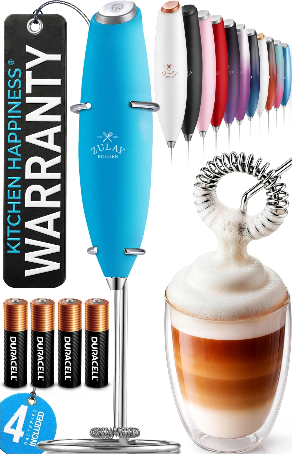 Zulay Kitchen Powerful Milk Frother Wand With Duracell Batteries - Ultra Fast Handheld Drink Mixer - Electric Whisk Foam Maker for Coffee, Lattes, Cappuccino & Matcha - Z1 Motor - Black