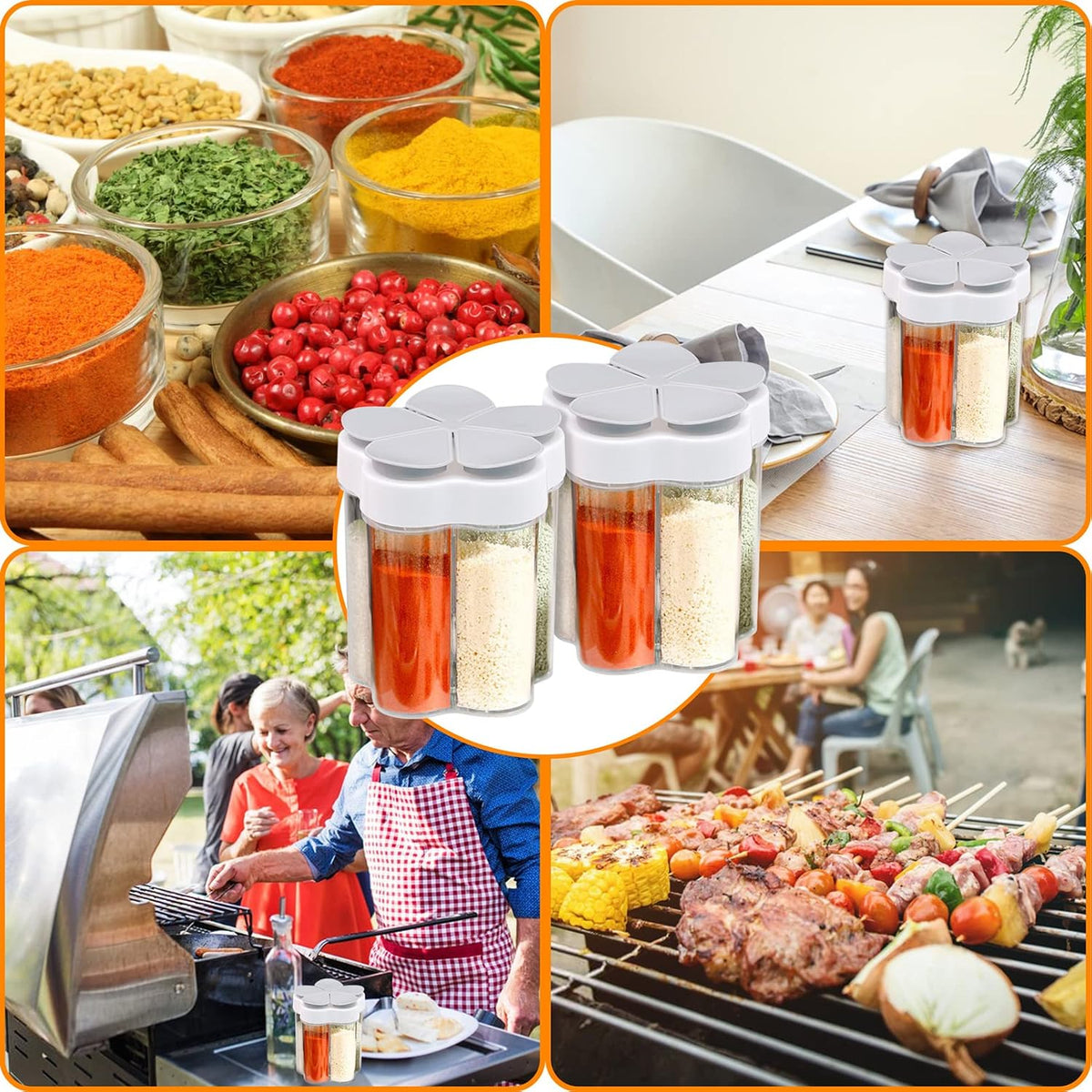 2 PCS Travel Spice Jars, 5-in-1 Seasoning Containers, Clear Plastic Condiment Bottle for Camping, Hiking, BBQ, Picnic