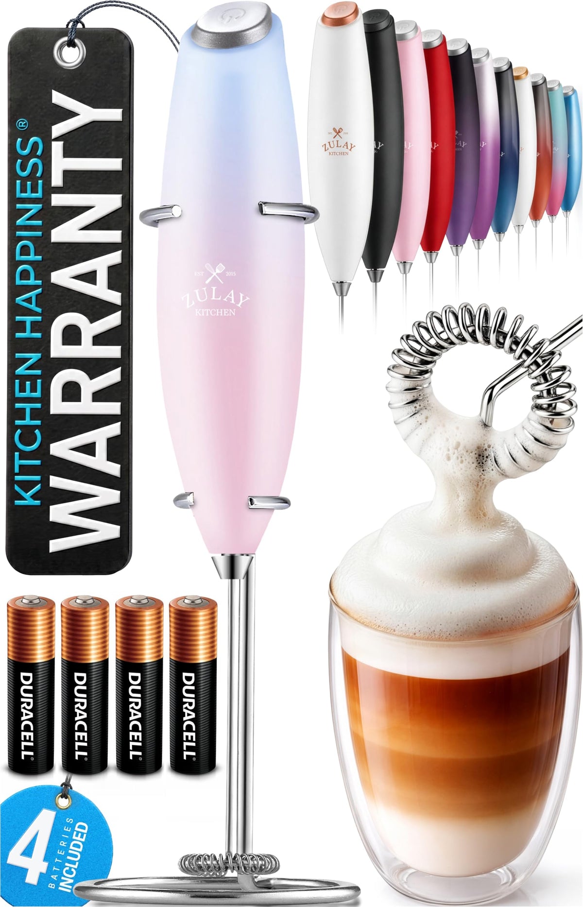 Zulay Kitchen Rechargeable Milk Frother Handheld - Frother Wand, Drink Mixer, Electric Whisk Frother, for Cappuccinos, Matcha & Protein Powder - Dynamic 3 Whisk, 3 Speed 500mAh Black