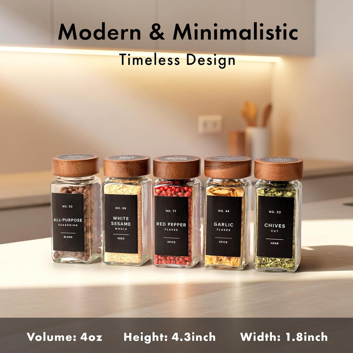 EDELHAUS Glass Spice Jars with Label, 24x Acacia Wooden Lids - Black Labels