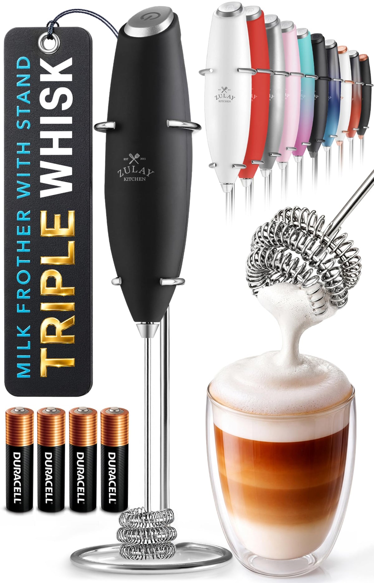 Zulay Kitchen Milk Frother Handheld Electric Whisk – Frother Wand, Durable Drink Mixer, Coffee Frother, Hand Blender, Frother for Protein Powder, Matcha & More - Black