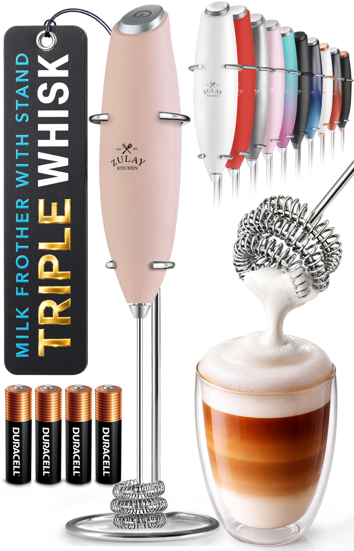Zulay Kitchen Rechargeable Milk Frother Handheld - Frother Wand, Drink Mixer, Electric Whisk Frother, for Cappuccinos, Matcha & Protein Powder - Dynamic 3 Whisk, 3 Speed 500mAh Black