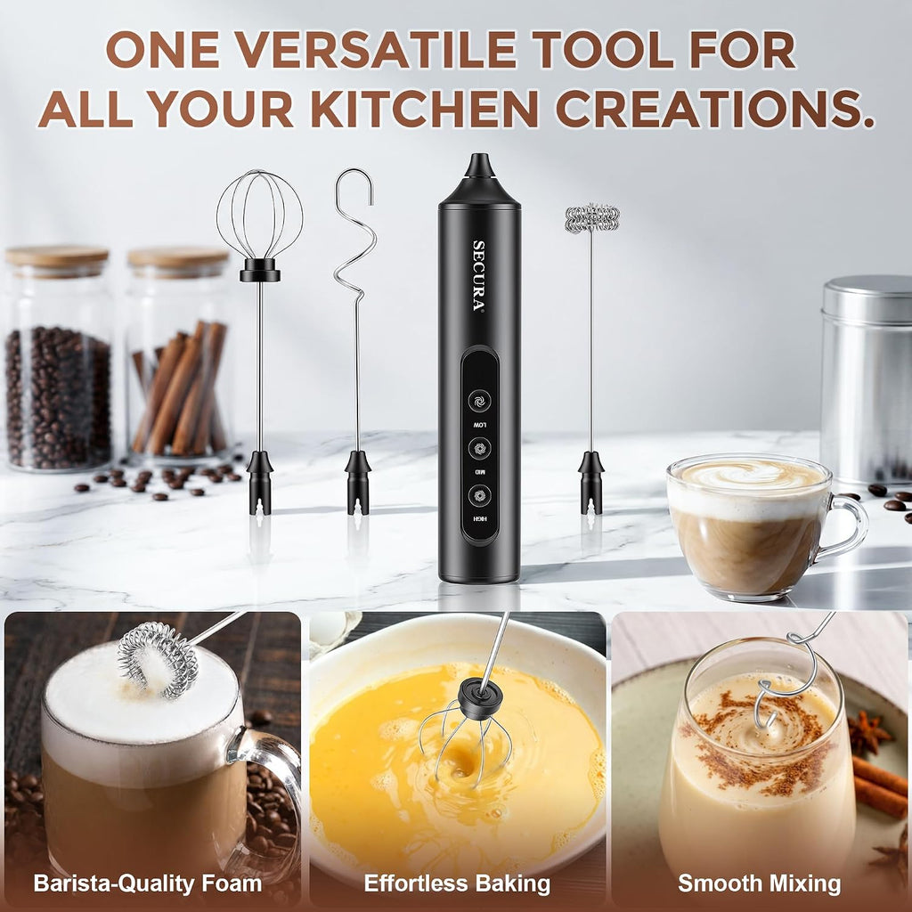 Secura Rechargeable Handheld Milk Frother with 3 Speeds, 3 Whisks and Case