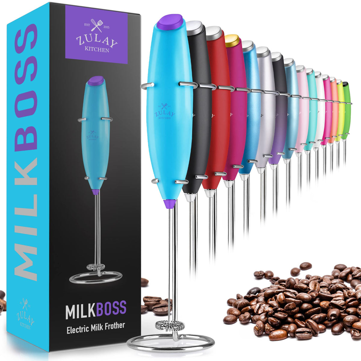 Zulay Rechargeable Milk Frother – 3-in-1 Handheld Frother Wand with Travel Case & USB-C Charger – Single, Double & Egg Whisk for Latte, Cappuccino, Matcha, Protein Shakes - Froth N Go Deep Black