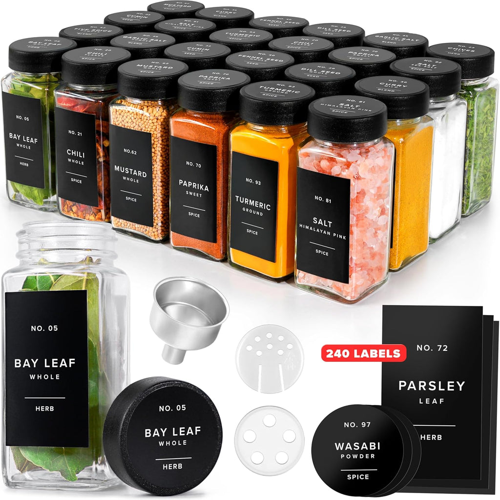 EDELHAUS Glass Spice Jars with Labels, 24x Matte Black Lids - 4oz Set