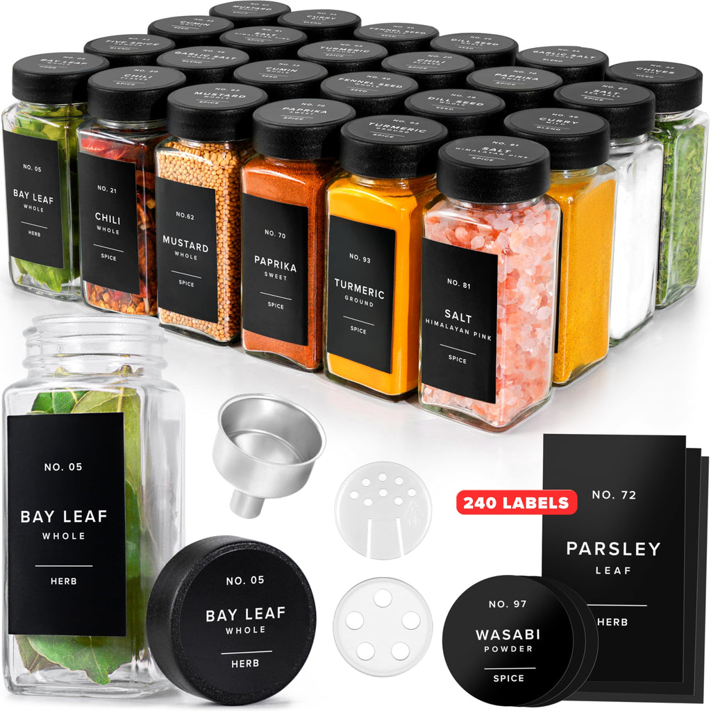 EDELHAUS Glass Spice Jars with Labels, 24x Matte Black Lids - 4oz Set