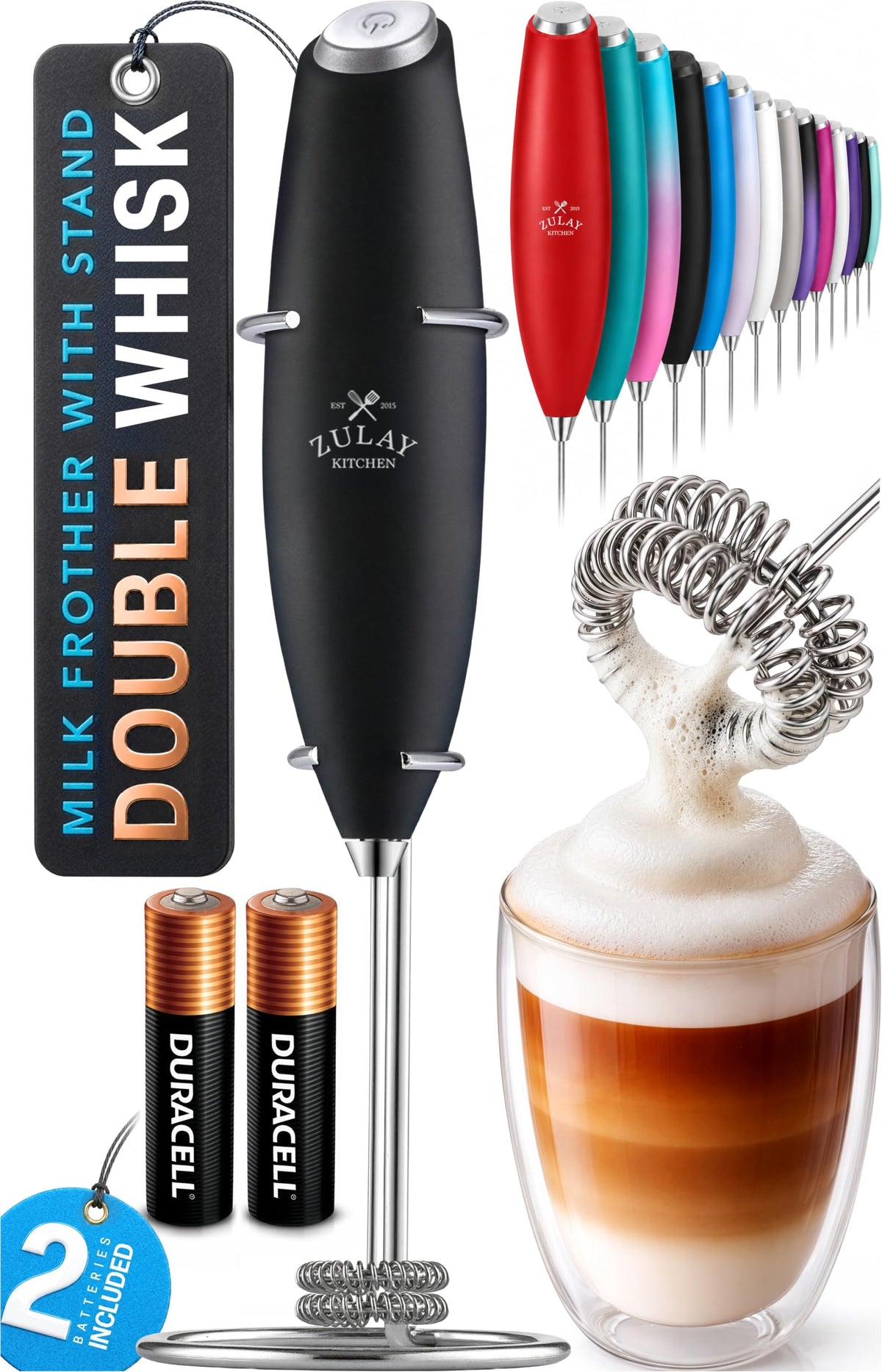 Zulay Kitchen Powerful Milk Frother Wand With Duracell Batteries - Ultra Fast Handheld Drink Mixer - Electric Whisk Foam Maker for Coffee, Lattes, Cappuccino & Matcha - Triple Whisk - Black