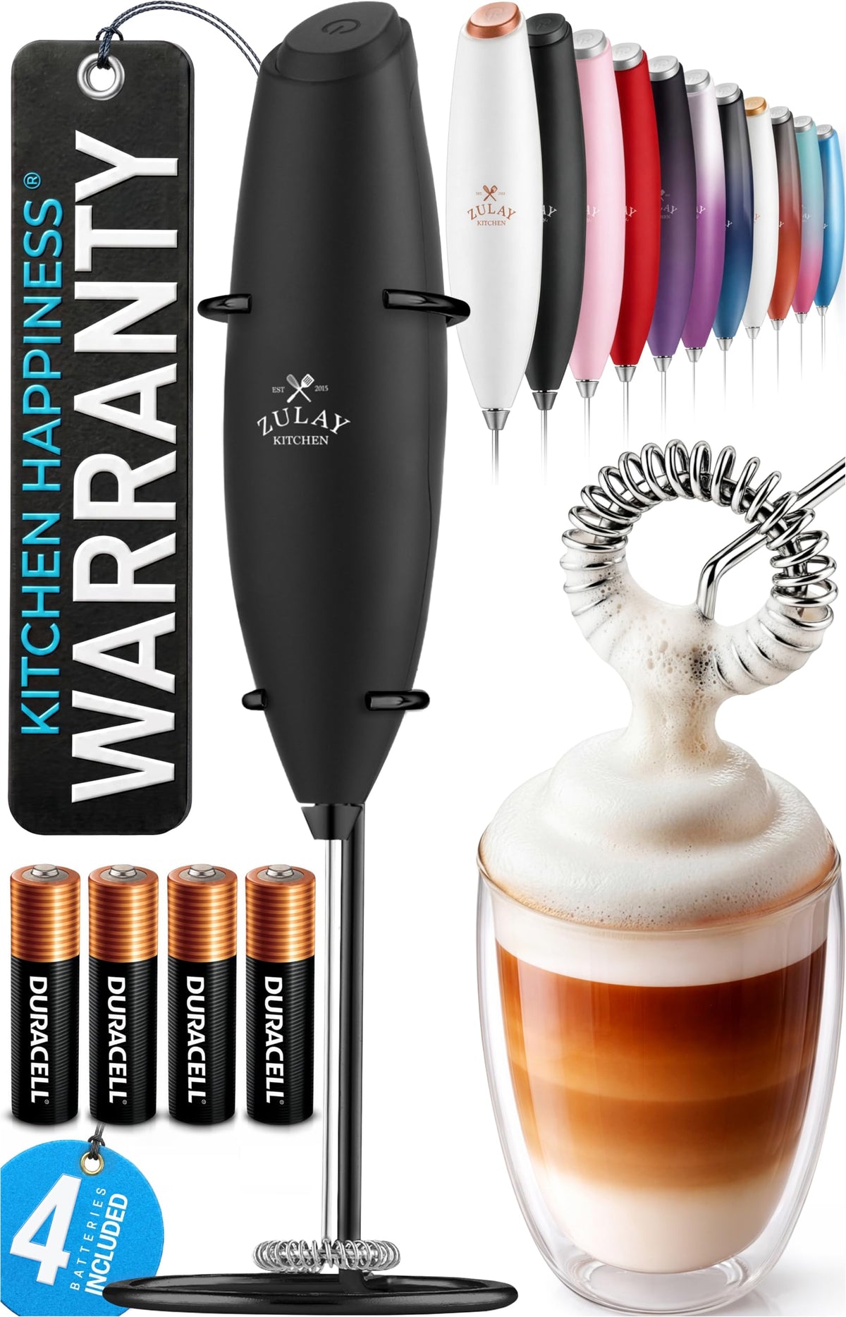 Zulay Kitchen Rechargeable Milk Frother Handheld - Frother Wand, Drink Mixer, Electric Whisk Frother, for Cappuccinos, Matcha & Protein Powder - Dynamic 3 Whisk, 3 Speed 500mAh Black