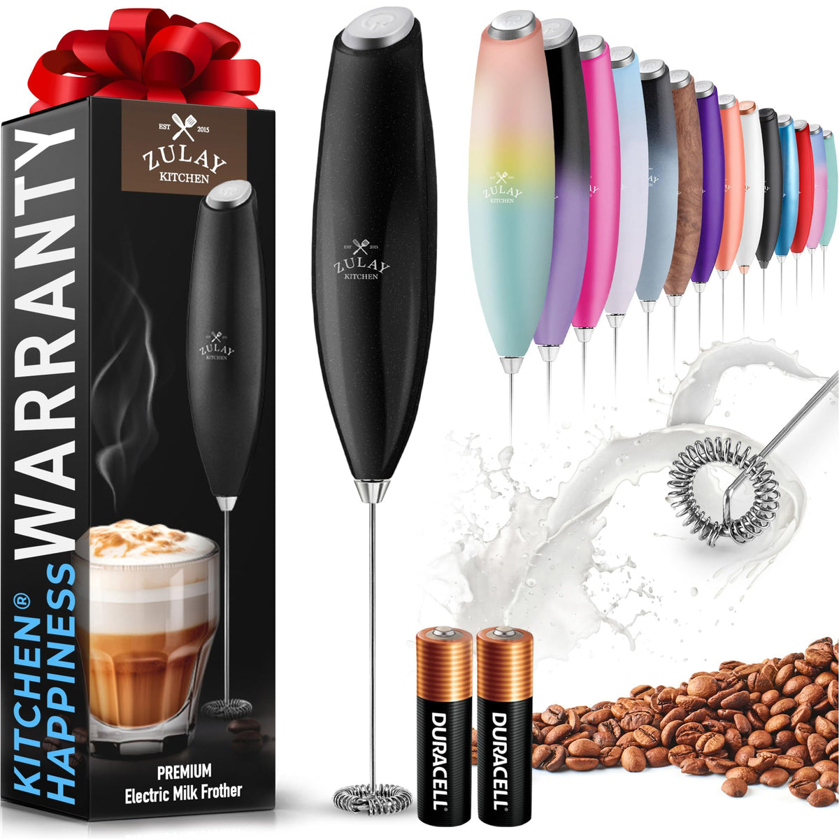 Zulay Rechargeable Milk Frother – 3-in-1 Handheld Frother Wand with Travel Case & USB-C Charger – Single, Double & Egg Whisk for Latte, Cappuccino, Matcha, Protein Shakes - Froth N Go Deep Black