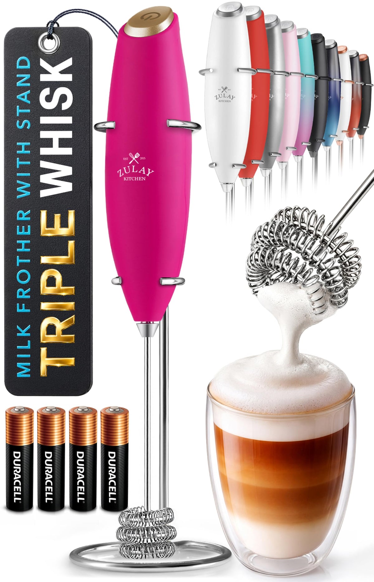 Zulay Kitchen Powerful Milk Frother Wand With Duracell Batteries - Ultra Fast Handheld Drink Mixer - Electric Whisk Foam Maker for Coffee, Lattes, Cappuccino & Matcha - Z1 Motor - Black