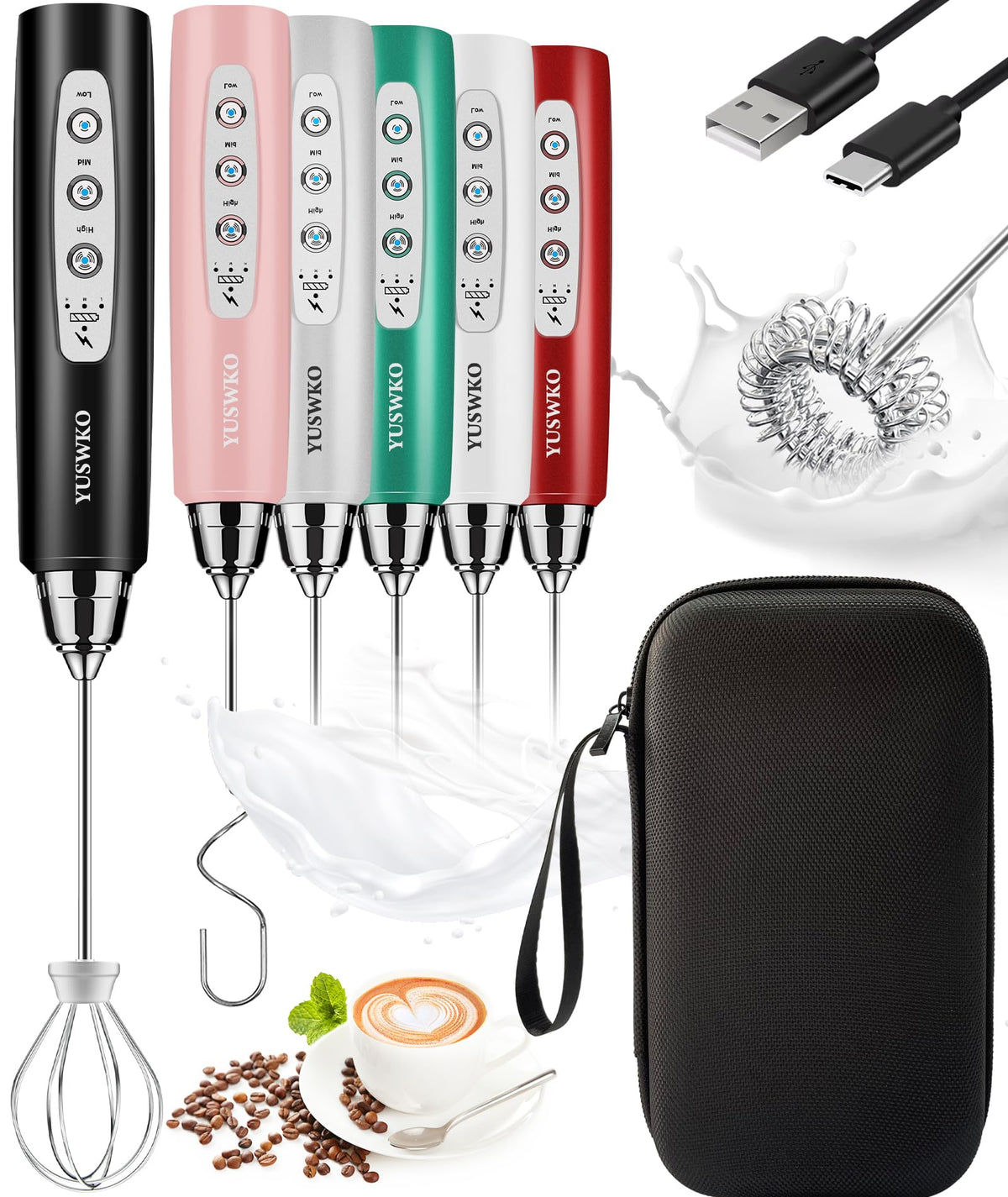 YUSWKO Handheld Milk Frother Wand for Coffee, Rechargeable Electric Whisk