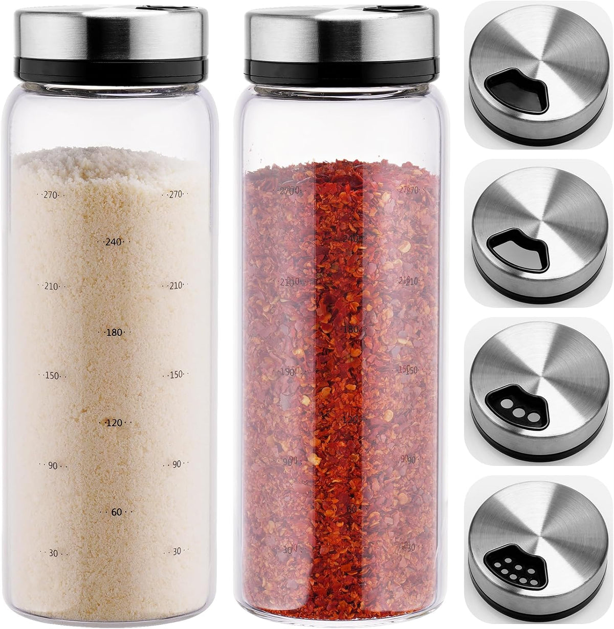 NiHome 2Pack 10oz Glass Spice Shakers Set, Adjustable Lid Dispenser, Clear