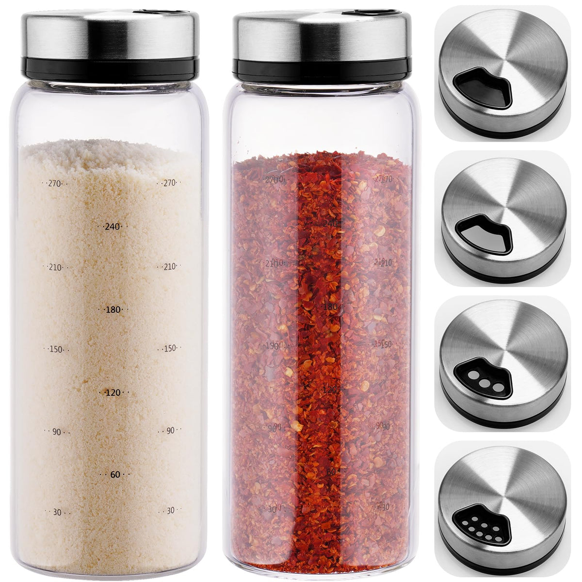 NiHome 2Pack 10oz Glass Spice Shakers Set, Adjustable Lid Dispenser, Clear