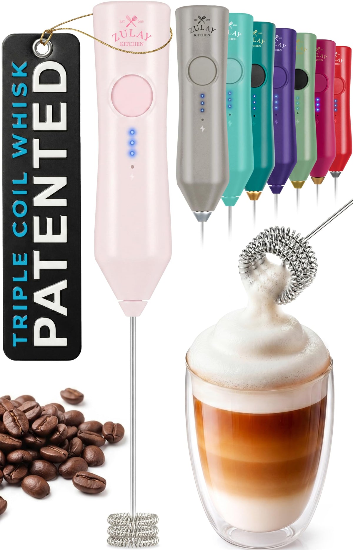 Zulay Kitchen Powerful Milk Frother Wand With Duracell Batteries - Ultra Fast Handheld Drink Mixer - Electric Whisk Foam Maker for Coffee, Lattes, Cappuccino & Matcha - Triple Whisk - Black