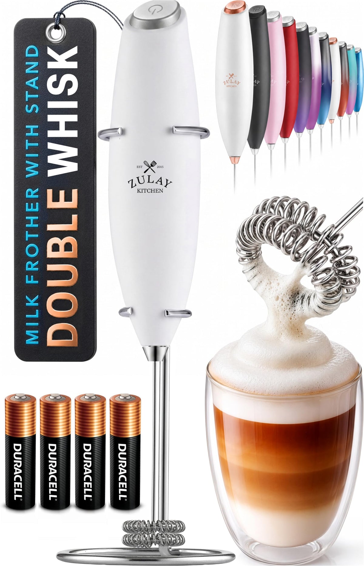 Zulay Kitchen Powerful Milk Frother Wand With Duracell Batteries - Ultra Fast Handheld Drink Mixer - Electric Whisk Foam Maker for Coffee, Lattes, Cappuccino & Matcha - Triple Whisk - Black