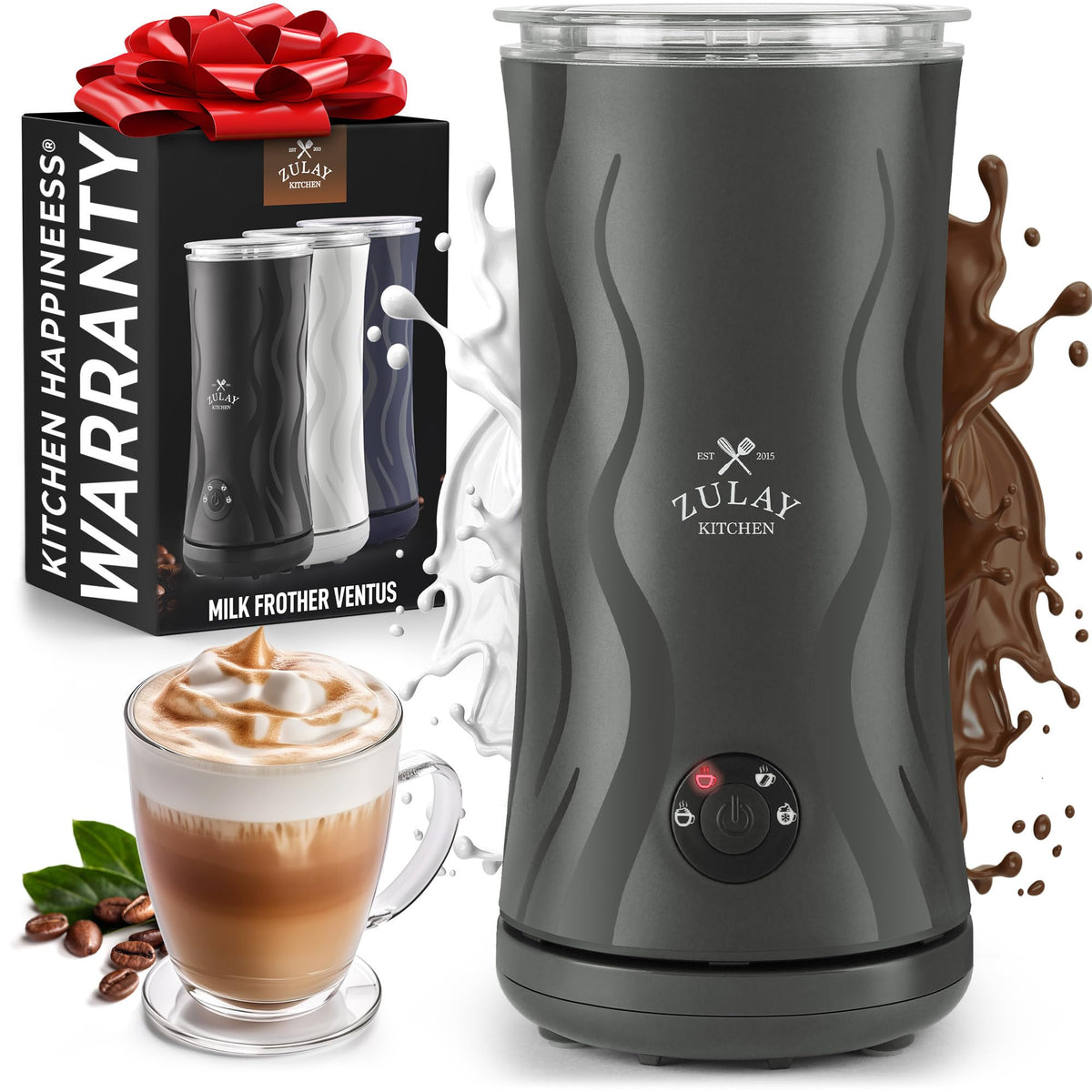 Zulay Rechargeable Milk Frother – 3-in-1 Handheld Frother Wand with Travel Case & USB-C Charger – Single, Double & Egg Whisk for Latte, Cappuccino, Matcha, Protein Shakes - Froth N Go Deep Black
