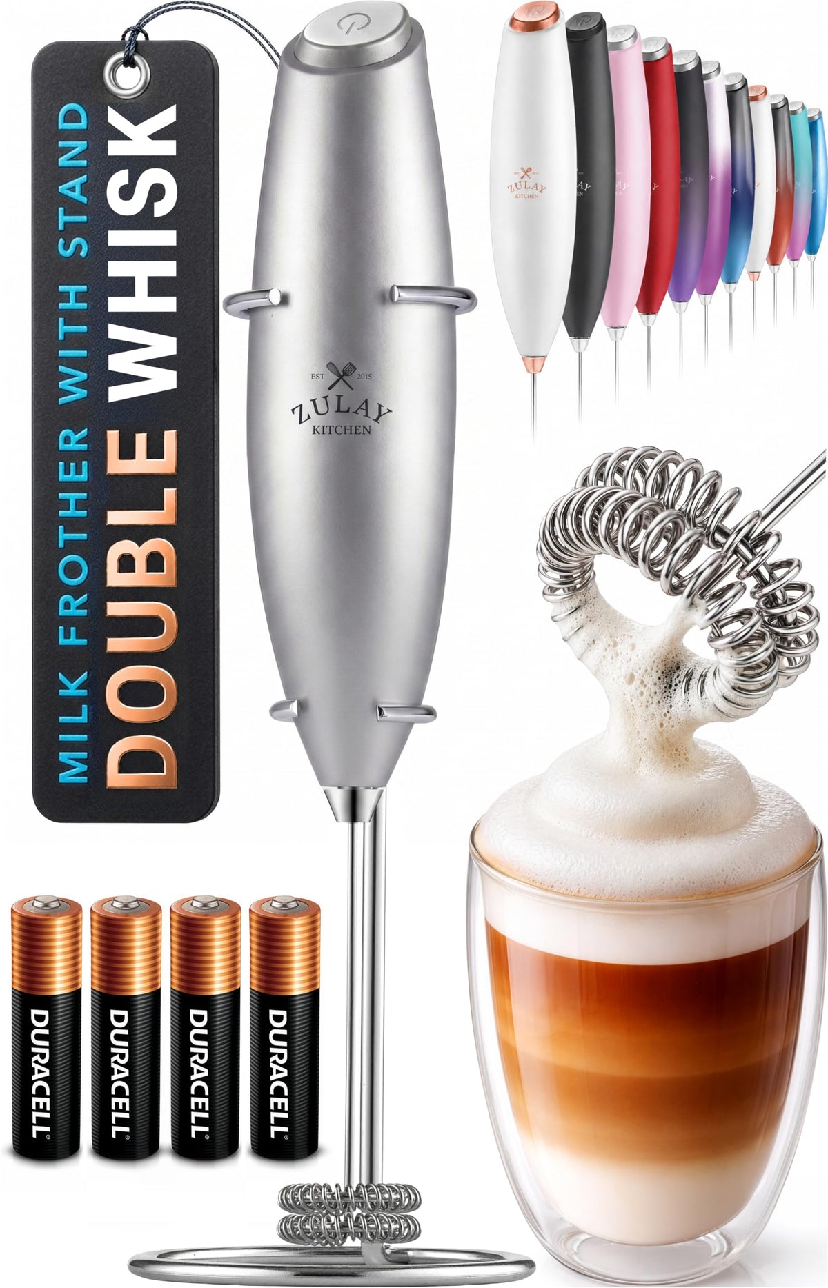 Zulay Kitchen Powerful Milk Frother Wand With Duracell Batteries - Ultra Fast Handheld Drink Mixer - Electric Whisk Foam Maker for Coffee, Lattes, Cappuccino & Matcha - Triple Whisk - Black