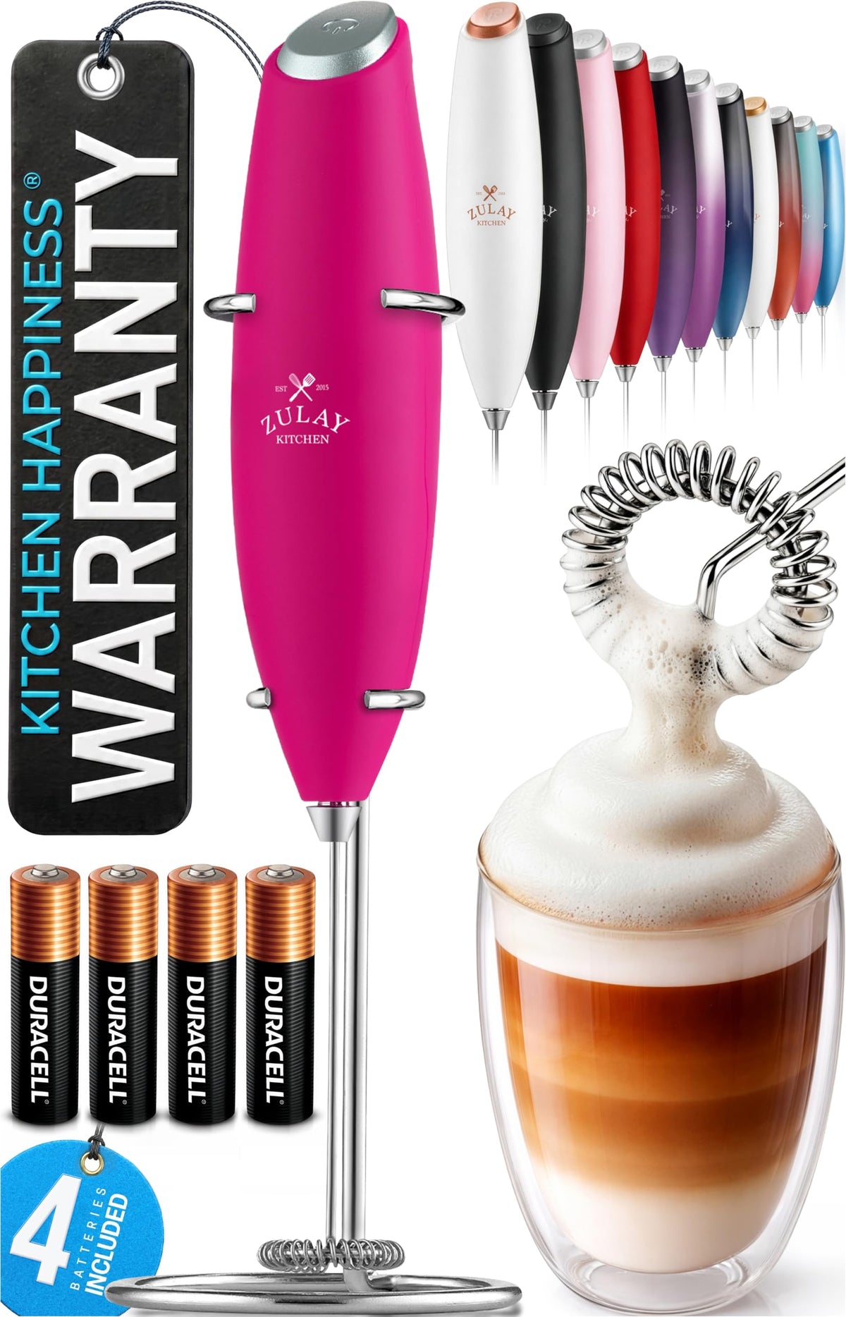 Zulay Kitchen Milk Frother Handheld - Mini Frother Wand, Milk Mixer, Drink Whisk for Coffee, Matcha Essentials & More, Stick Frother for Protein Shakes, Froster Mixer - AA Batteries Included - Black