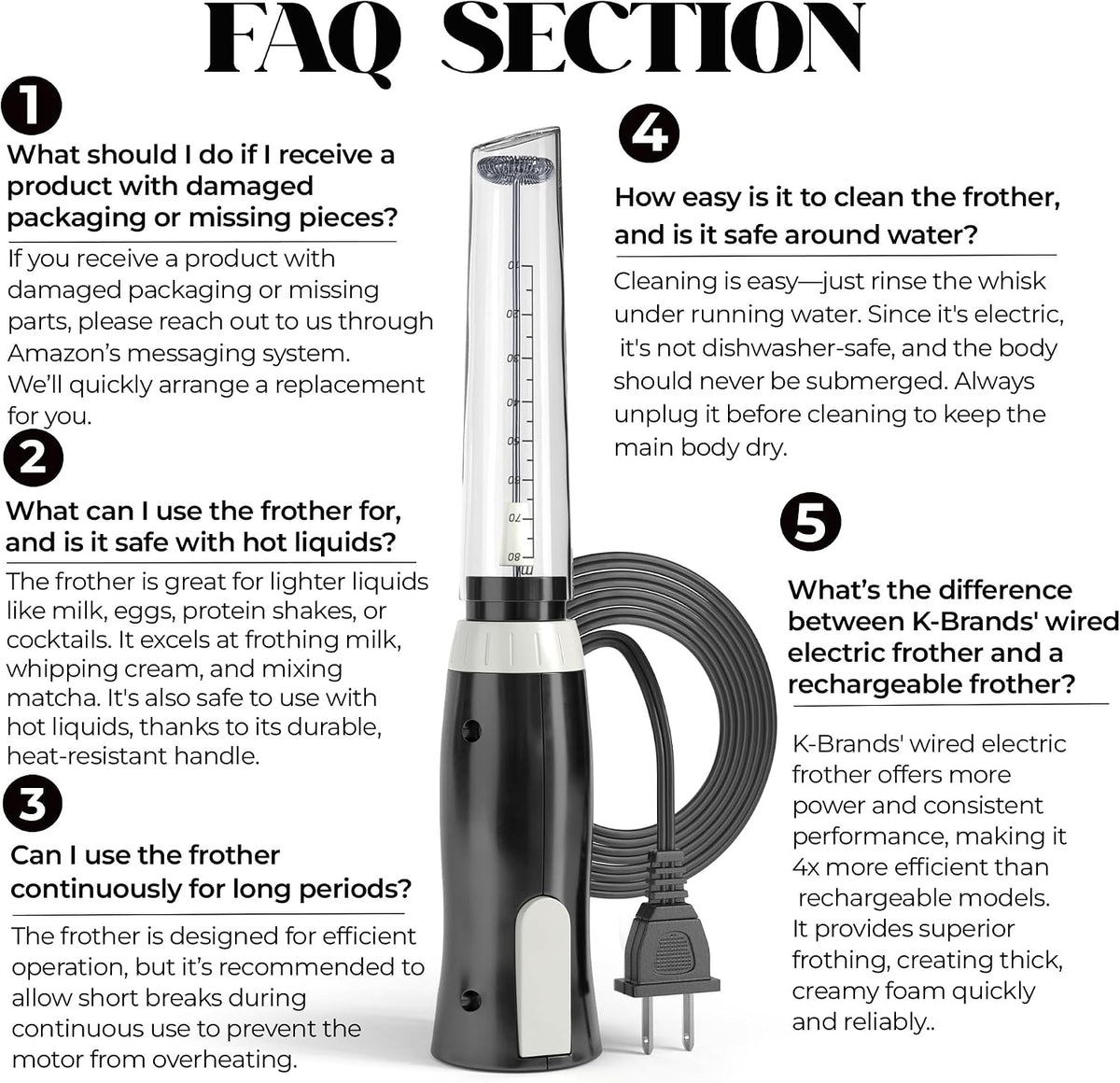 K-Brands Corded Electric Milk Frother with Plug in - Handheld Electric Whisk Stirrer Whipper - Foam Maker for Coffee, Latte, Cappuccino, Hot Chocolate – Powerful Drink Mixer