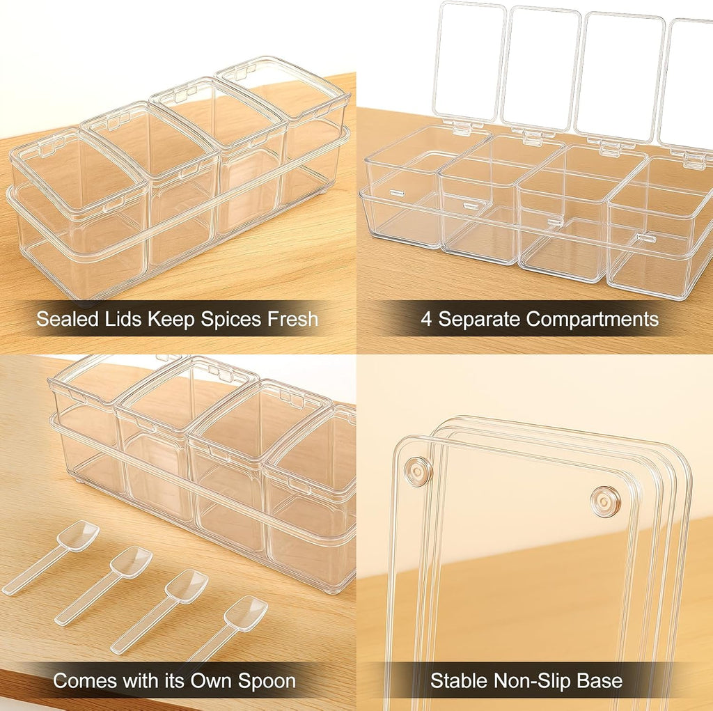 Clear Seasoning Box, 4 Pieces Seasoning Rack Spice Pots with Lids and Spoons, Toppings Containers, Acrylic Seasoning Box for Salt Spice, Pepper, Sugar, Cardamon, Cinnamon