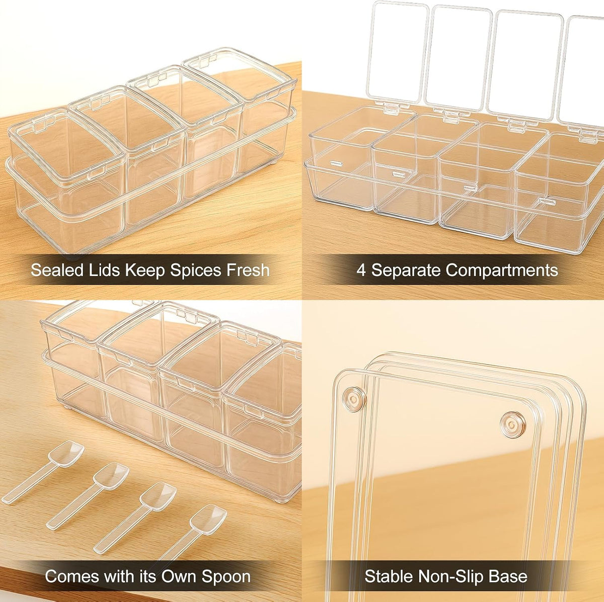 Clear Seasoning Box, 4 Pieces Seasoning Rack Spice Pots with Lids and Spoons, Toppings Containers, Acrylic Seasoning Box for Salt Spice, Pepper, Sugar, Cardamon, Cinnamon