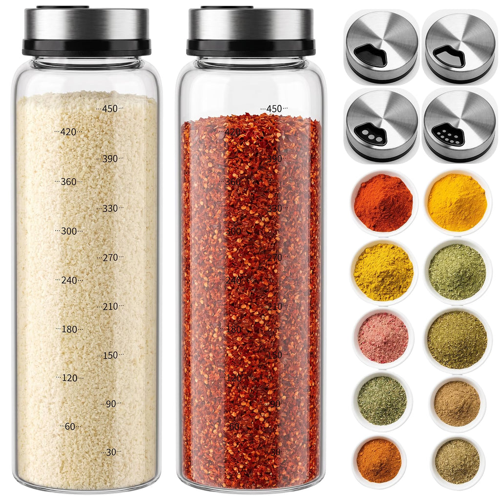 NiHome 2Pack 10oz Glass Spice Shakers Set, Adjustable Lid Dispenser, Clear