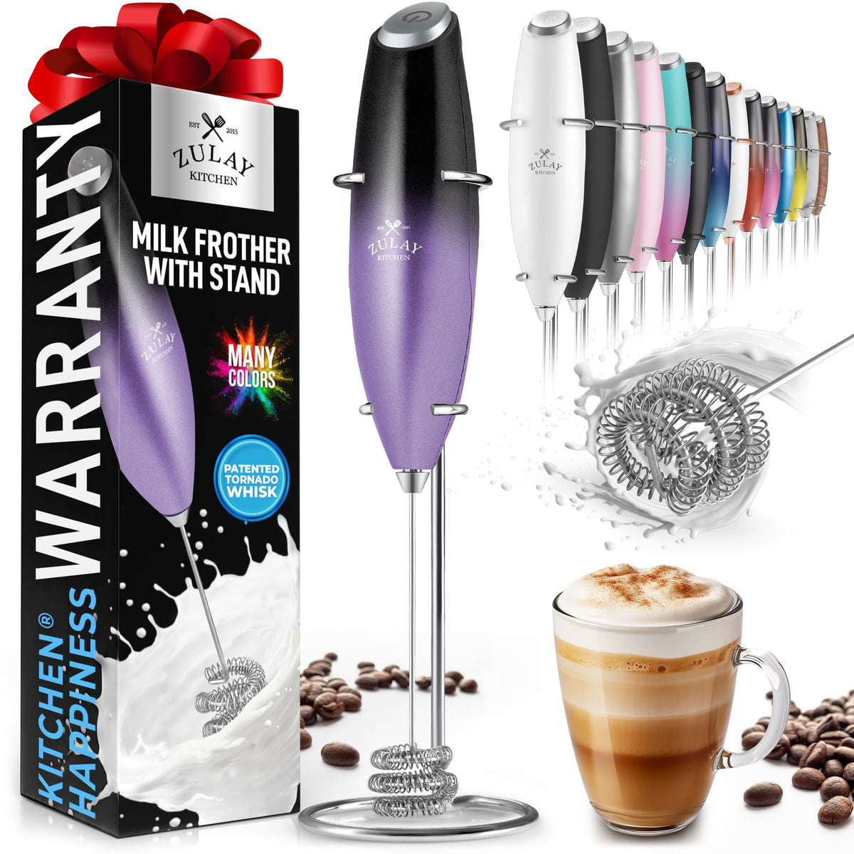 Zulay Rechargeable Milk Frother – 3-in-1 Handheld Frother Wand with Travel Case & USB-C Charger – Single, Double & Egg Whisk for Latte, Cappuccino, Matcha, Protein Shakes - Froth N Go Deep Black